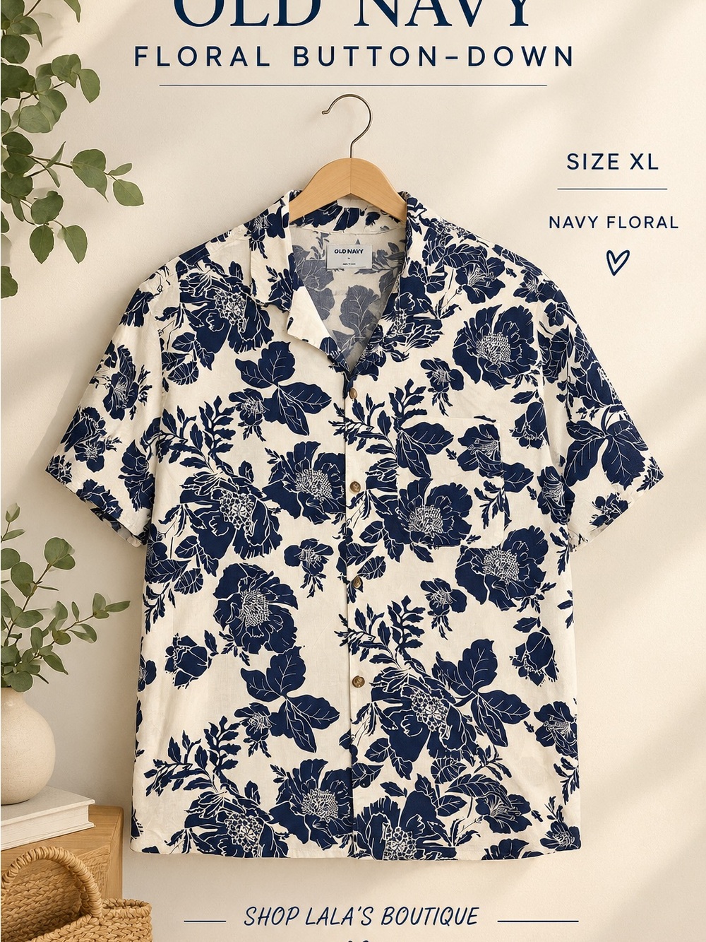 Old Navy Navy and White Floral Short-Sleeve Button-Down Shirt